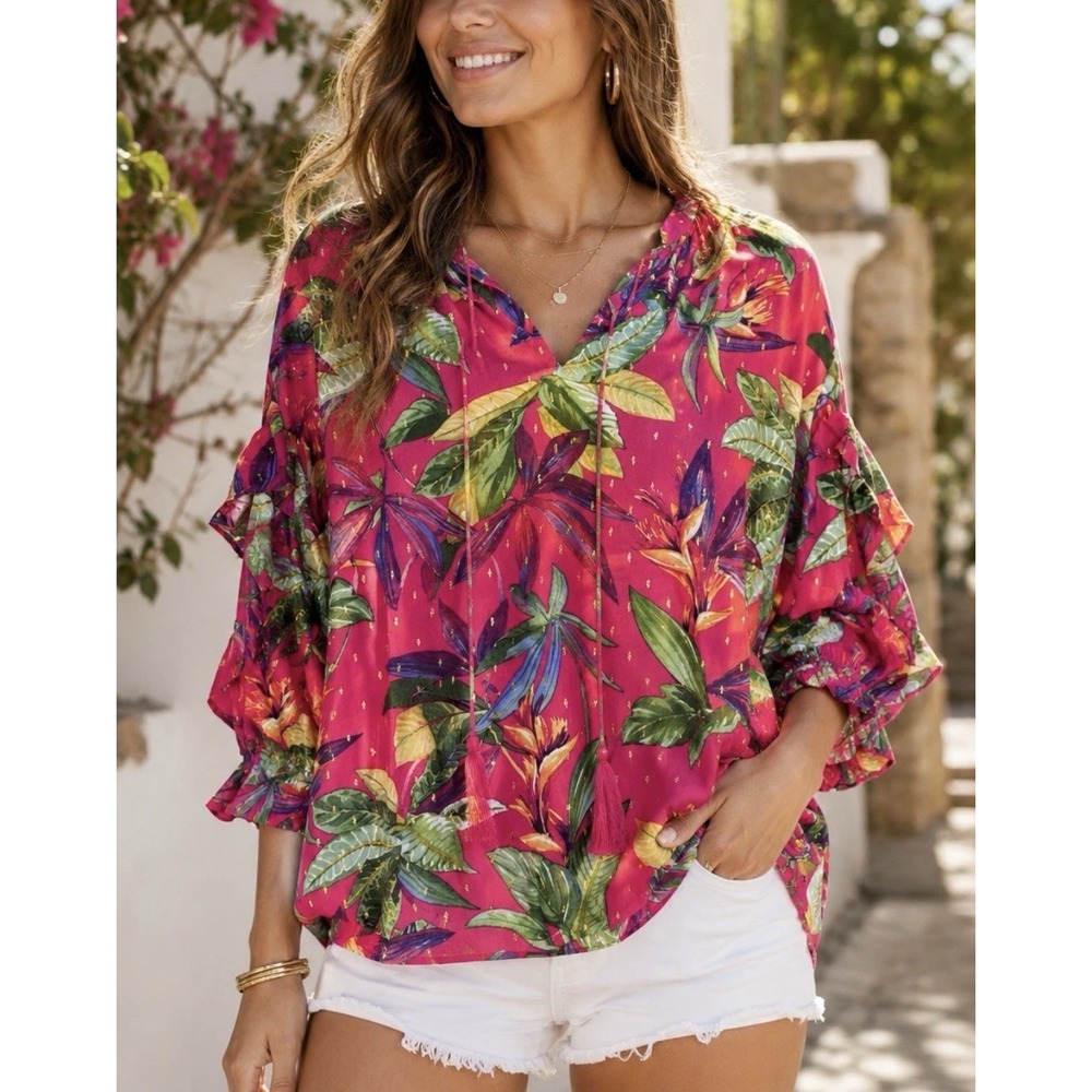 NWT Chico's Tropical Floral Clip Dot Ruffle Blouse Sz 14 Peasant Resortwear L